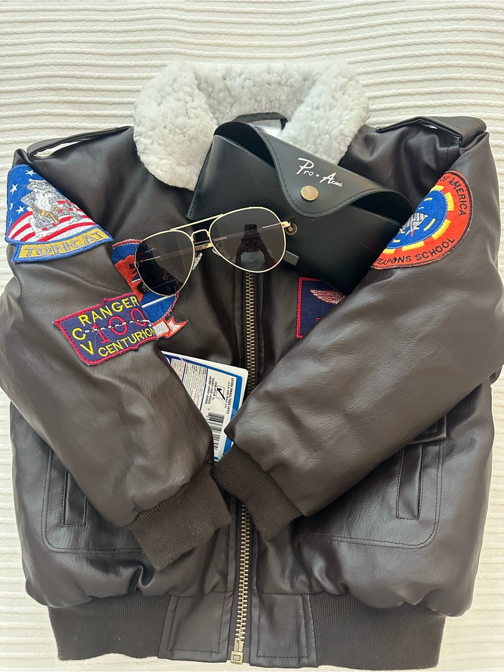 Kids Brown Faux-Leather "Top Gun" Bomber Jacket with Sherpa Collar